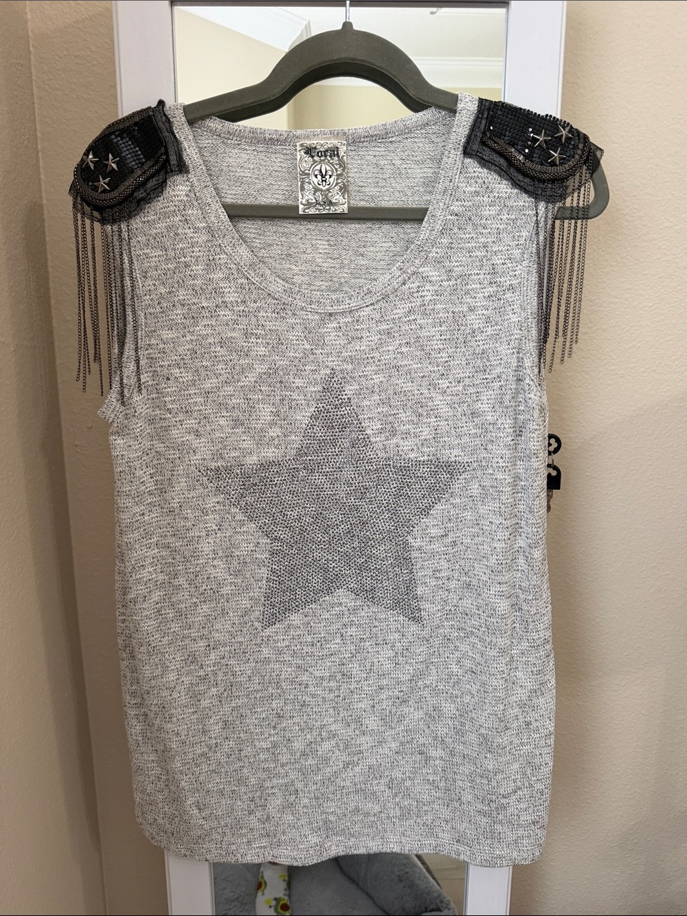 Vocal Grey Knit Tank with Black Beaded Fringe Shoulders Like New